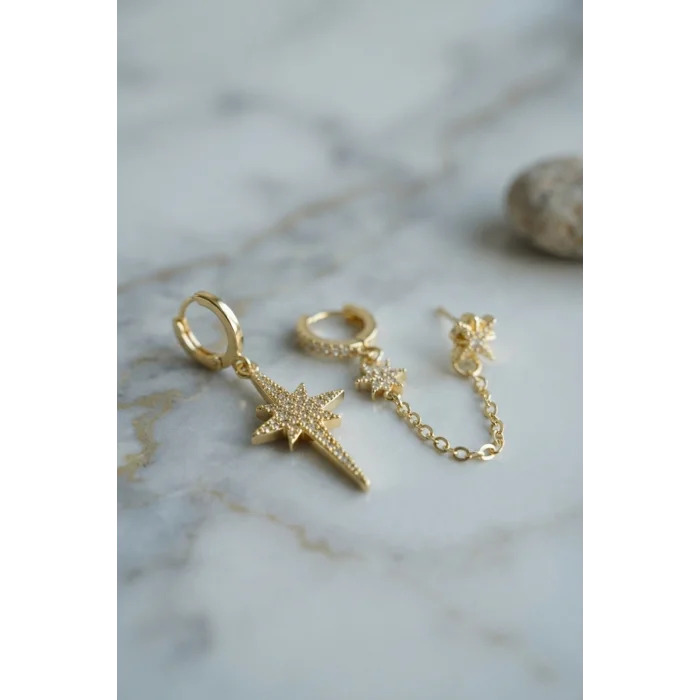 BUĞZ 3 lü Set Küpe Gold Renk Zincir Detaylı