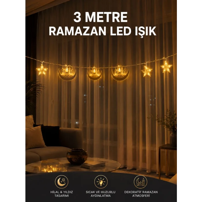 BUĞZ 3 Metre Ramazan LED Saçak Işık Ev İçi Dekoratif Aydınlatma