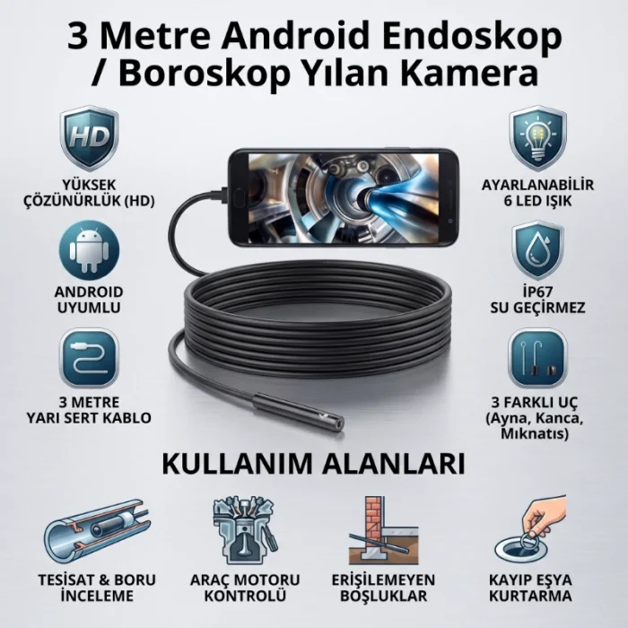 BUĞZ 3 Metre Yılan Kamera - Android Destekli - LED Işıklı - IP67 Su Geçirmez