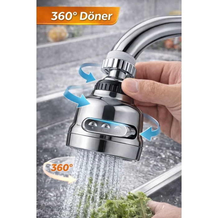 BUĞZ 3 Modlu 360 Derece Döner Krom Musluk Başlığı Su Tasarruflu Mutfak Çeşme Evye ve Lavabo Batarya Ucu