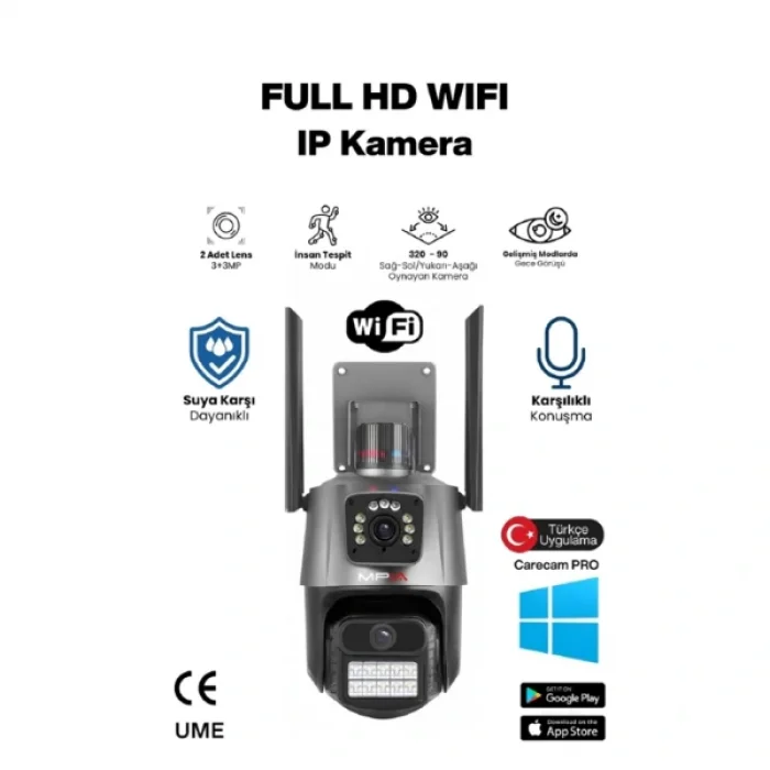 BUĞZ 3 MP + 3 MP Çift Lens Wi-Fi TF Kart Girişli Güvenlik Kamerası