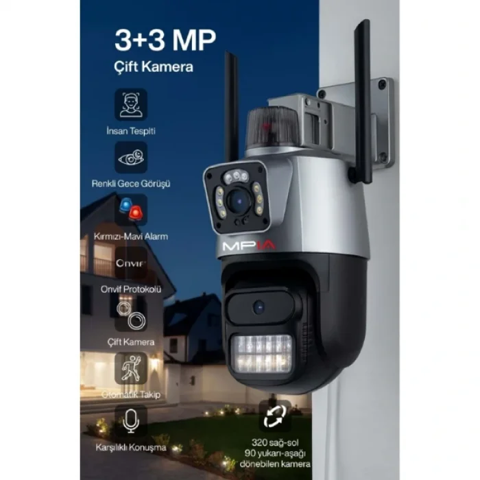 BUĞZ 3 MP + 3 MP Çift Lens Wi-Fi TF Kart Girişli Güvenlik Kamerası