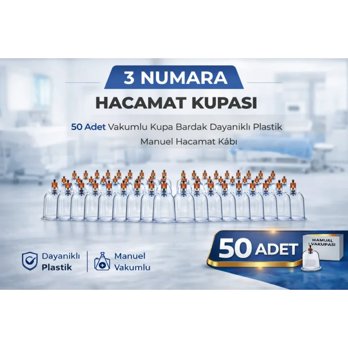 BUĞZ 3 Numara Hacamat Kupası 50 Adet Vakumlu Kupa Bardak Dayanıklı Plastik Manuel Hacamat Kabı Seti