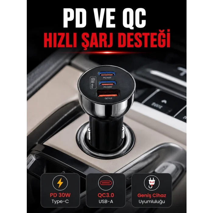 BUĞZ 3 Portlu Araç İçi Şarj Adaptörü Çift PD Type-C ve QC3.0 USB Çıkışlı