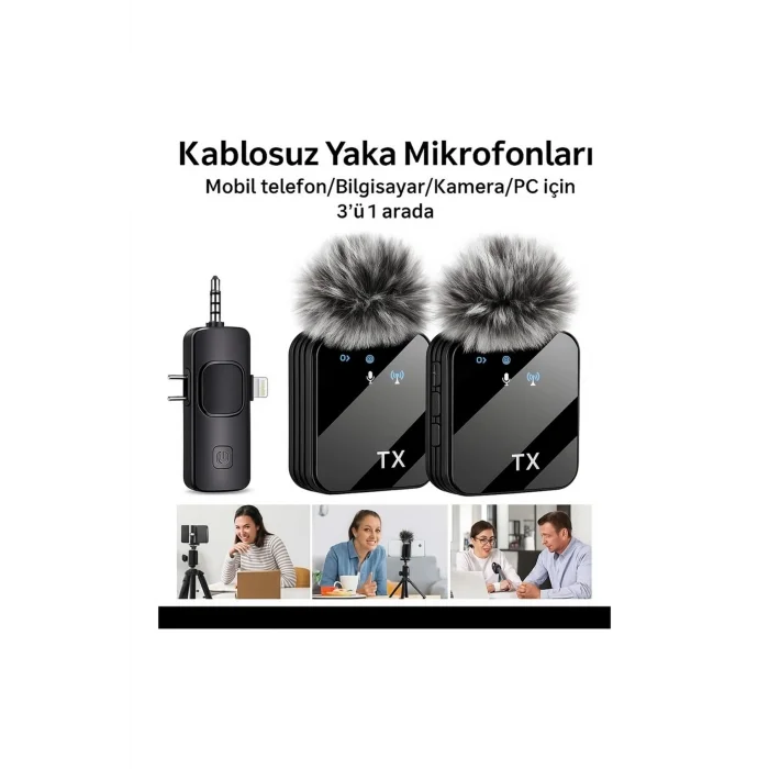BUĞZ 3ü 1 Arada Kablosuz Yaka Mikrofonu Seti ile Type-C, Lightning ve Jack Girişli Cihazlarda Kayıt