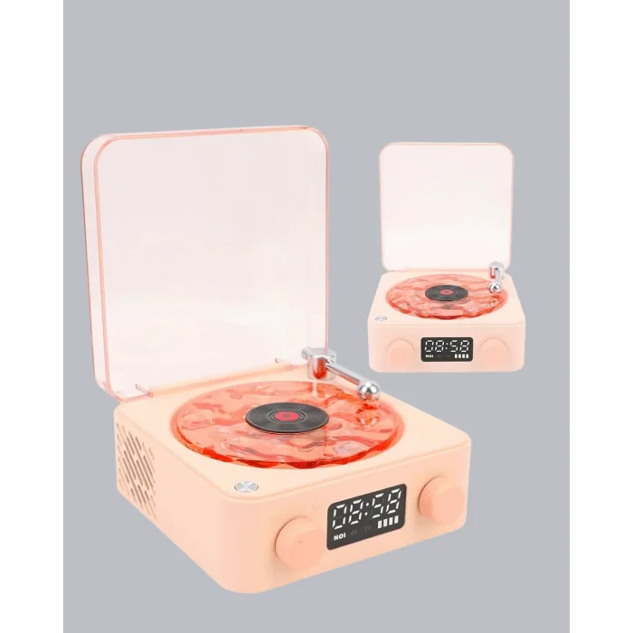 BUĞZ 3-ü-1 Gece Işığı Bluetooth Hoparlör ve Dijital Saat Vintage Plak Çalar Tasarımlı