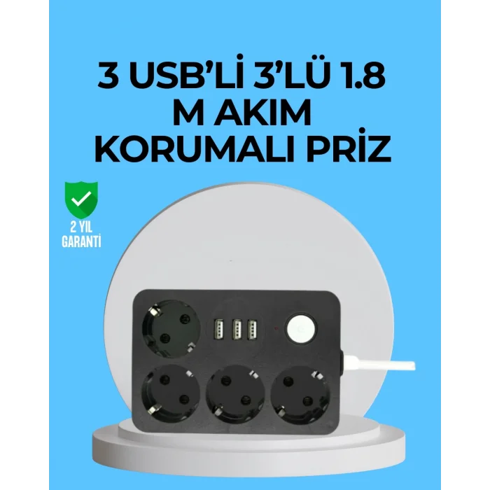  3 USB Çıkışlı 4’lü Akıllı Priz 2500W 2 Metre Kablo