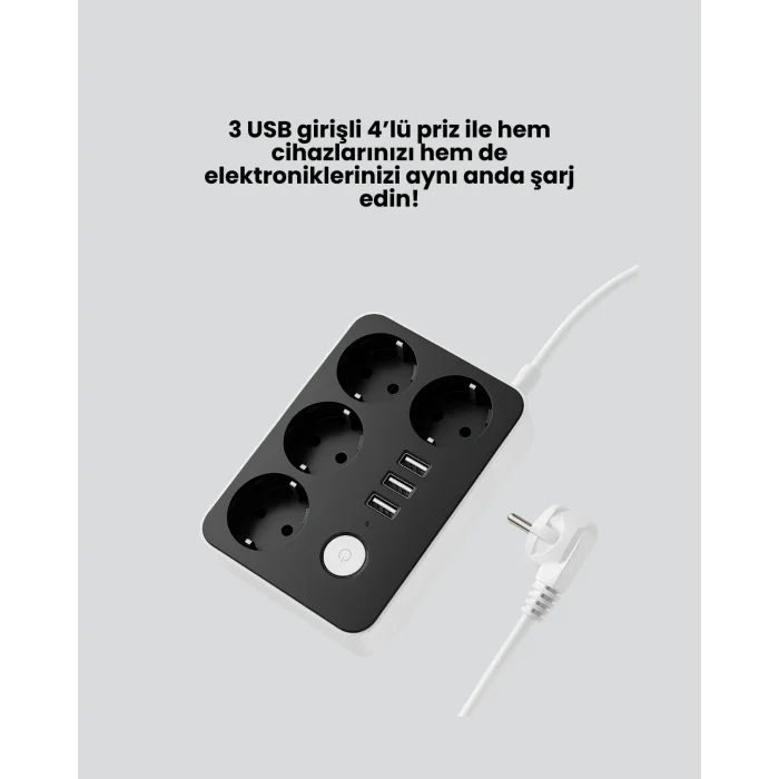 BUĞZ 3 USB Çıkışlı 4’lü Akıllı Priz 2500W 2 Metre Kablo