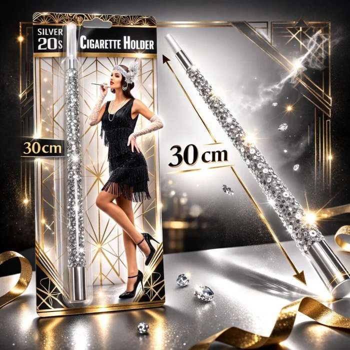 BUĞZ 30 cm Gümüş Payetli Sigara Tutacağı – 1920’ler Gatsby Parti Aksesuarı