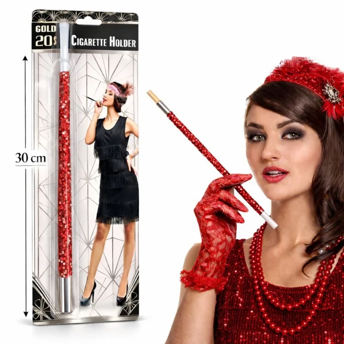 BUĞZ 30 cm Kırmızı Payetli Sigara Tutacağı – 1920’ler Gatsby Parti Aksesuarı