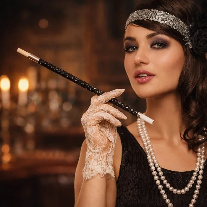 BUĞZ 30 Cm Siyah Payetli  Tutacağı – 1920’ler Gatsby Parti Aksesuarı