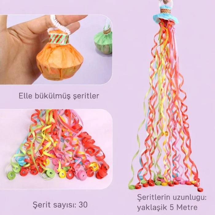 BUĞZ 30 Şeritli Renkli Elle Atılan Konfeti – 5 Metre Uzayan Şerit Konfeti 1 Adet
