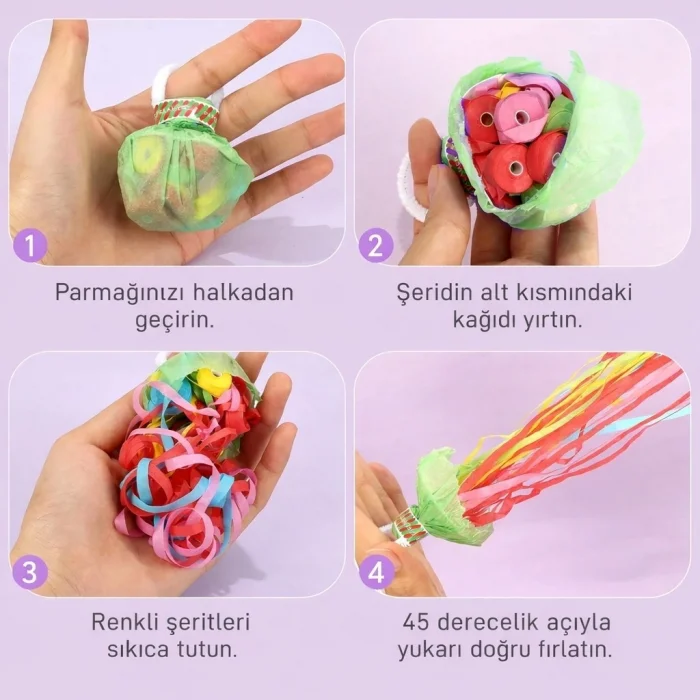 BUĞZ 30 Şeritli Renkli Elle Atılan Konfeti – 5 Metre Uzayan Şerit Konfeti 1 Adet