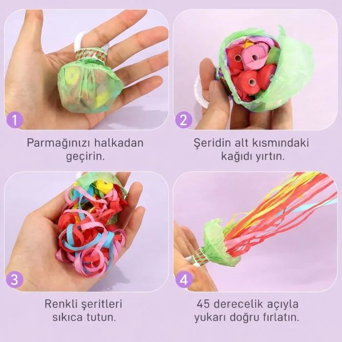 BUĞZ 30 Şeritli Renkli Elle Atılan Konfeti – 5 Metre Uzayan Şerit Konfeti 1 Adet