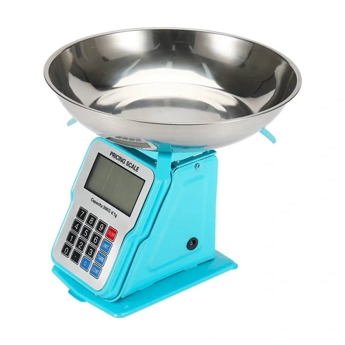 BUĞZ 30kg 1g Dijital Kefeli Terazi Pilli ve Adaptörlü Elektronik Tartı, Paslanmaz Çelik Tepsili Tutar Hesaplama Mavi