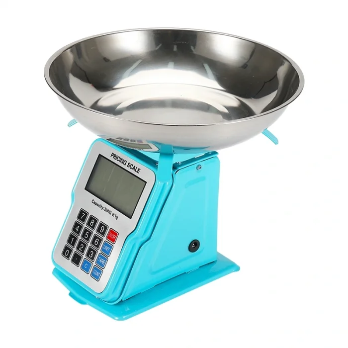 BUĞZ 30kg 1g Dijital Kefeli Terazi Pilli ve Adaptörlü Elektronik Tartı, Paslanmaz Çelik Tepsili Tutar Hesaplama Mavi ( BUĞZ )