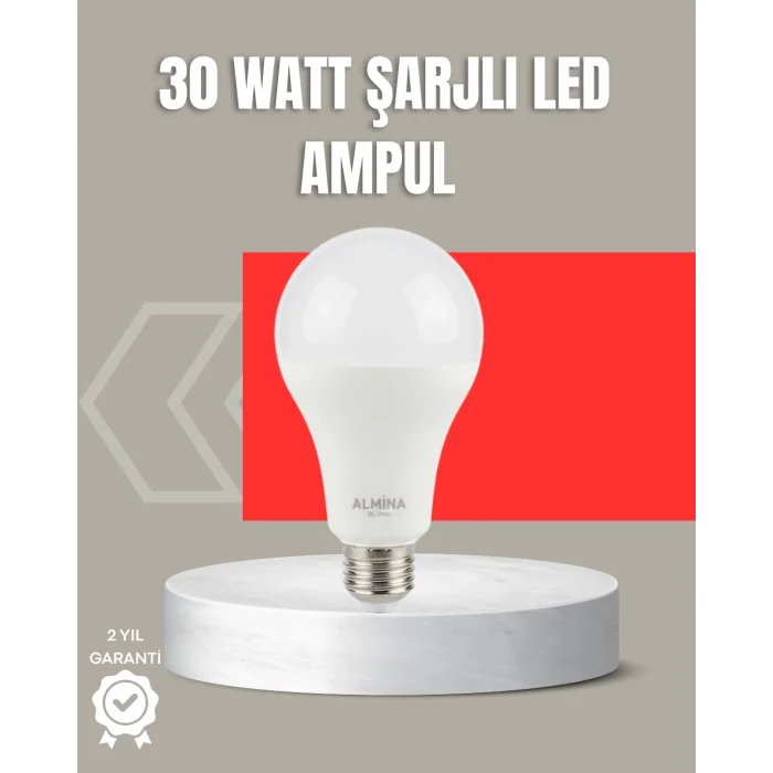 BUĞZ 30W Şarjlı LED Ampul E27 Duy %80 Enerji Tasarruflu Soğuk Beyaz