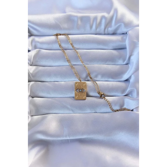 BUĞZ 316L Altın Renk İşlemeli Nazarlı Vintage Kolye - Lisinya