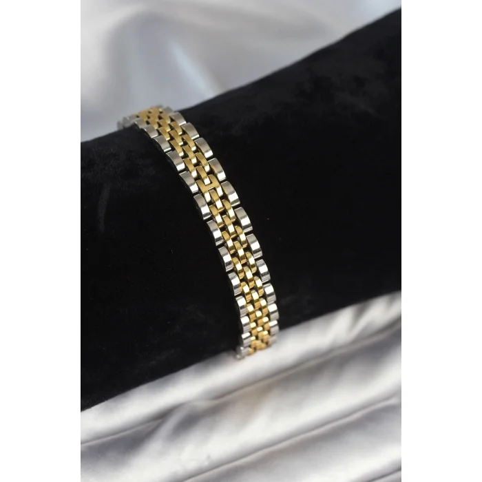 BUĞZ 316L Çelik 9 mm Kalınlıkta Gold ve Gümüş Renkli Erkek Bileklik