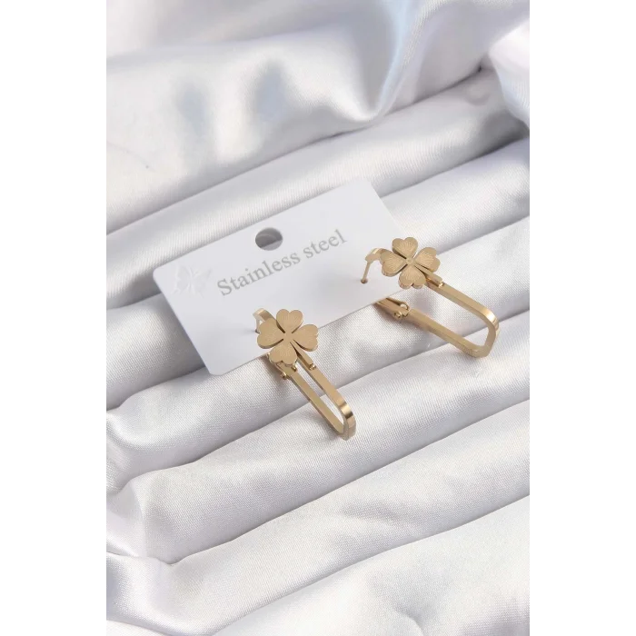 BUĞZ 316L Çelik Altın Renk Geometrik Yonca Model Küpe