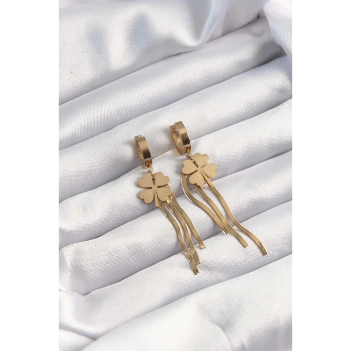 BUĞZ 316L Çelik Altın Renk İtalyan Zincirli Yonca Model Halka Küpe - Lisinya