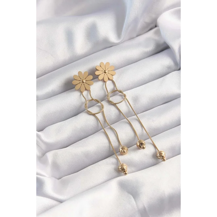 BUĞZ 316L Çelik Altın Renk Sallantılı Düğüm Model Papatya Küpe