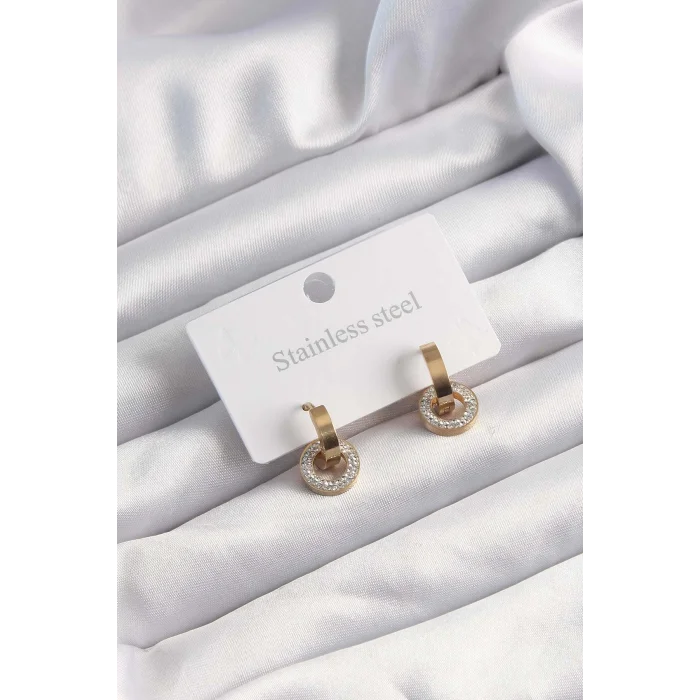 BUĞZ 316L Çelik Altın Renk Zirkon Taşlı Halka Model Küpe