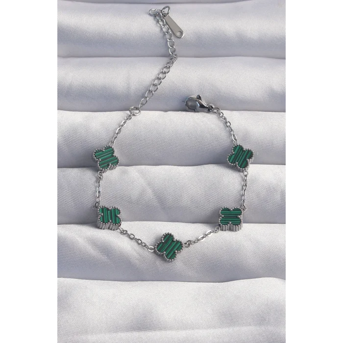 BUĞZ 316L Çelik Baby Boy Gümüş Renk Çizgili Yeşil Mineli Yonca Bileklik