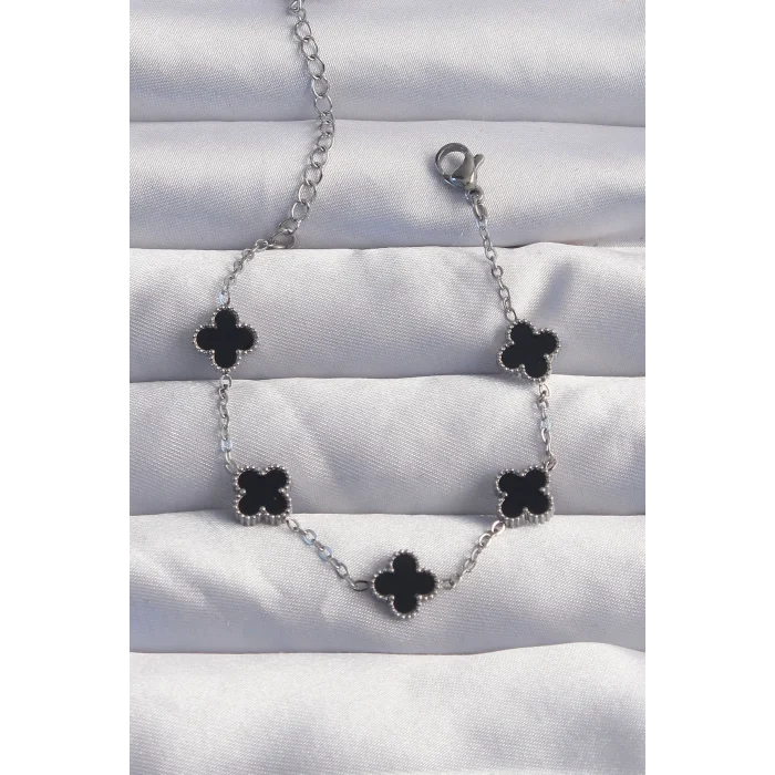 BUĞZ 316L Çelik Baby Boy Gümüş Renk Siyah Mineli Yonca Bileklik