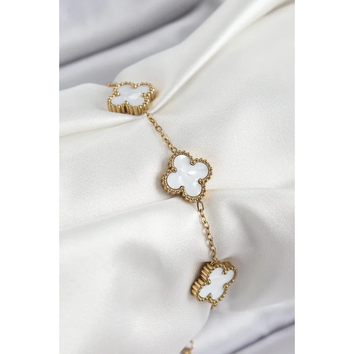 BUĞZ 316L Çelik Beyaz Sedef Yonca Model Gold Renk Kadın Bileklik