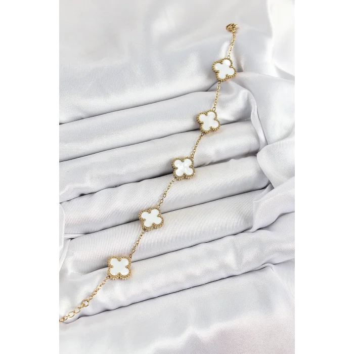 BUĞZ 316L Çelik Beyaz Sedef Yonca Model Gold Renk Kadın Bileklik