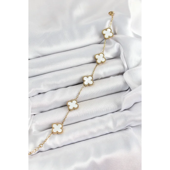 BUĞZ 316L Çelik Beyaz Sedef Yonca Model Gold Renk Kadın Bileklik - Lisinya