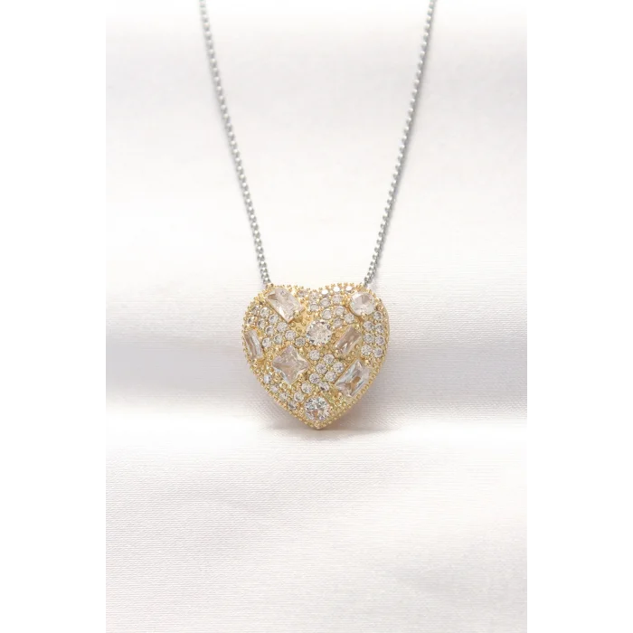 BUĞZ 316L Çelik Çift Renk Zirkon Taşlı Kalp Kolye