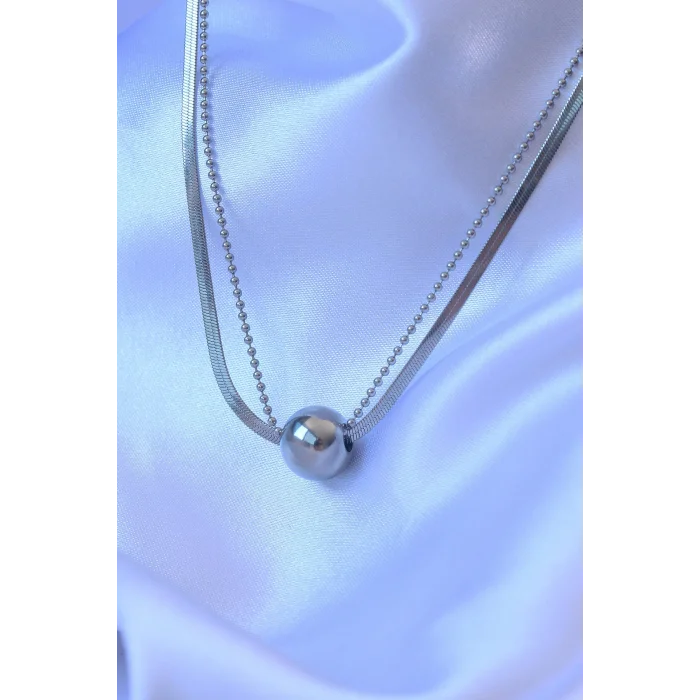 BUĞZ 316L Çelik Çift Zincirli Gümüş Renk Topçuk İtalyan Model Kolye - Lisinya