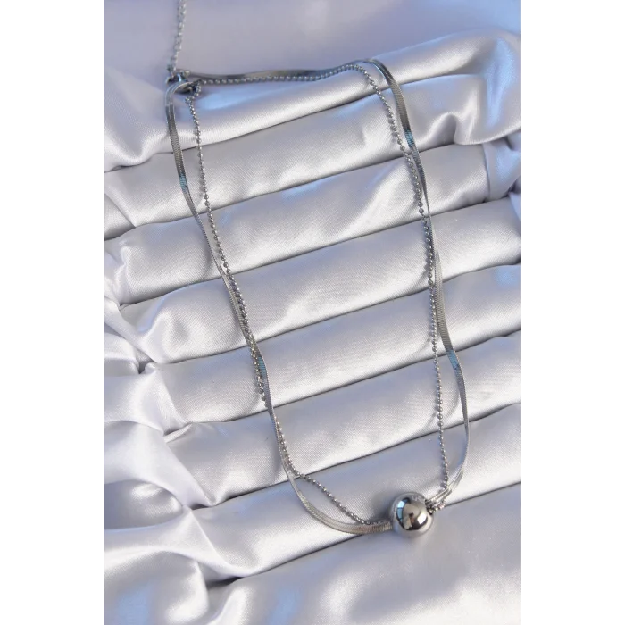 BUĞZ 316L Çelik Çift Zincirli Gümüş Renk Topçuk İtalyan Model Kolye - Lisinya