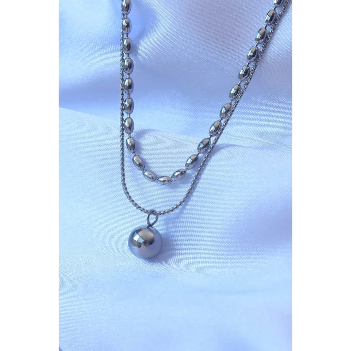 BUĞZ 316L Çelik Çift Zincirli Gümüş Renk Topçuk Model Kolye - Lisinya
