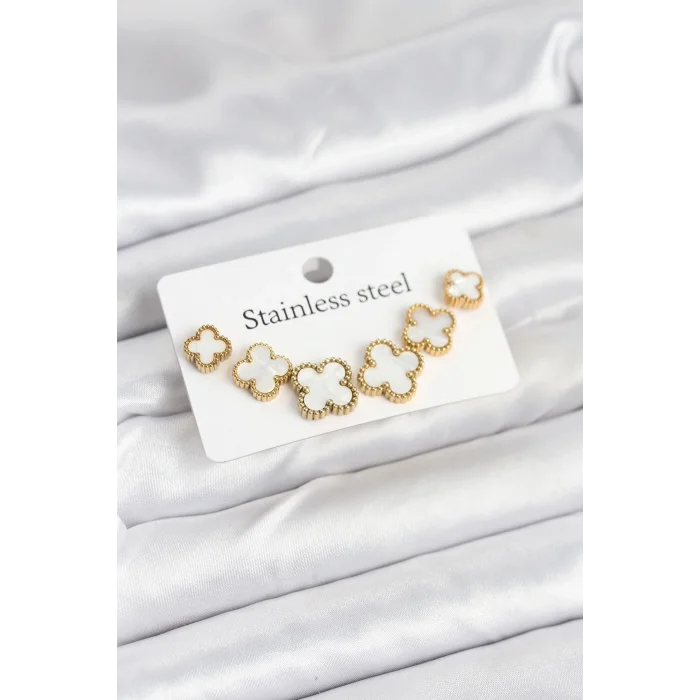 BUĞZ 316L Çelik Gold Beyaz Renk 3 Boy Yonca Küpe Seti