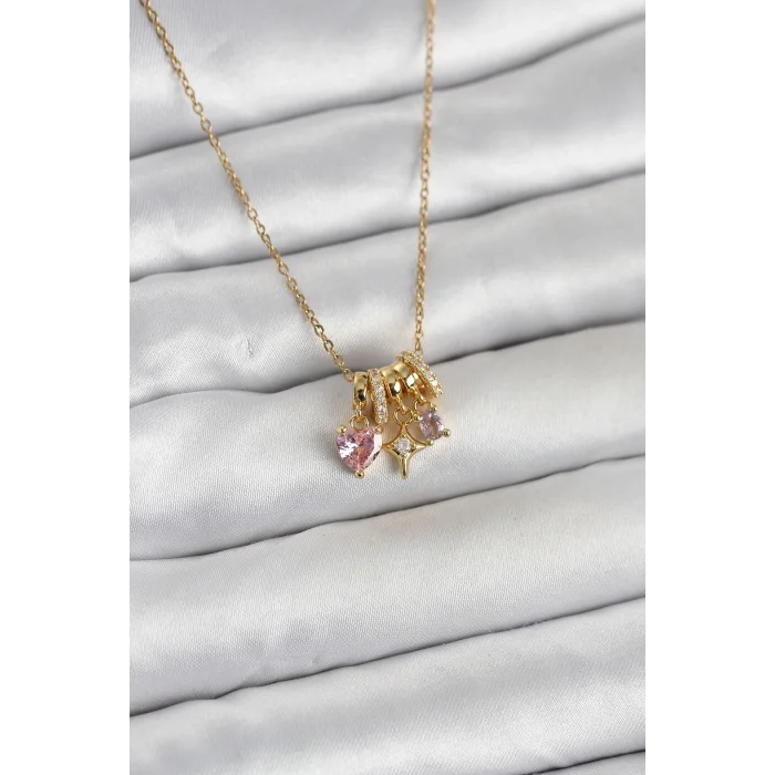 BUĞZ 316L Çelik Gold Pembe Zirkon Taşlı Charmlı Kadın Kolye