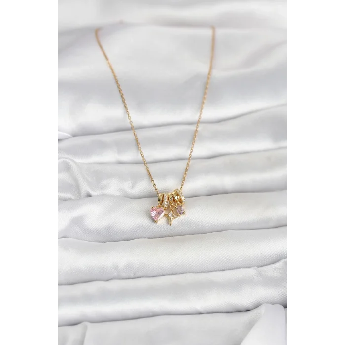 BUĞZ 316L Çelik Gold Pembe Zirkon Taşlı Charmlı Kadın Kolye