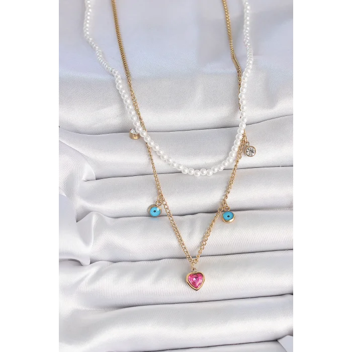 BUĞZ 316L Çelik Gold Renk 2Li İnci Zincir Model Pembe Taşlı Kalp Figür Nazar Boncuk Detay Kadın Kolye - BUĞZ