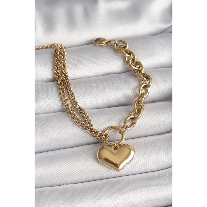 BUĞZ 316L Çelik Gold Renk 2Li Zincir Model Kalp Figür Kadın Bileklik