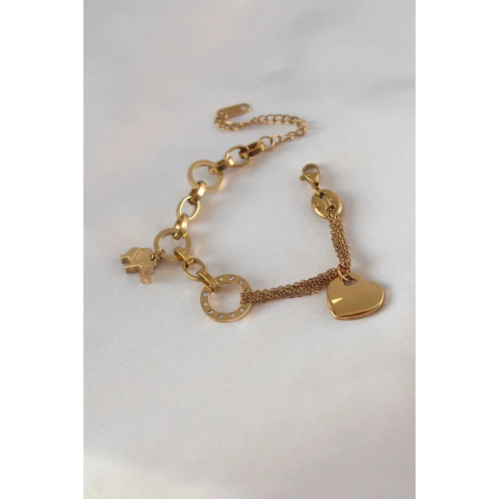 BUĞZ 316L Çelik Gold Renk 2li Zincir Model Zirkon Taş Detay Kadın Bileklik