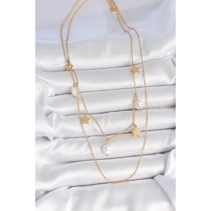 BUĞZ 316L Çelik Gold Renk 2Li Zincir Sallantı Yıldız İnci Model Kadın Kolye - BUĞZ