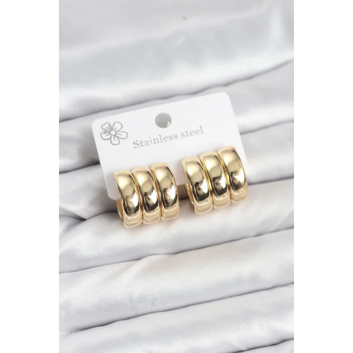 BUĞZ 316L Çelik Gold Renk 3lü Görünüm Kadın Küpe