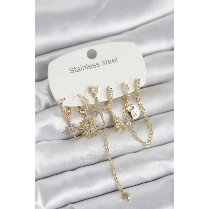 BUĞZ 316L Çelik Gold Renk 6lı Set Charmlı Kadın Küpe