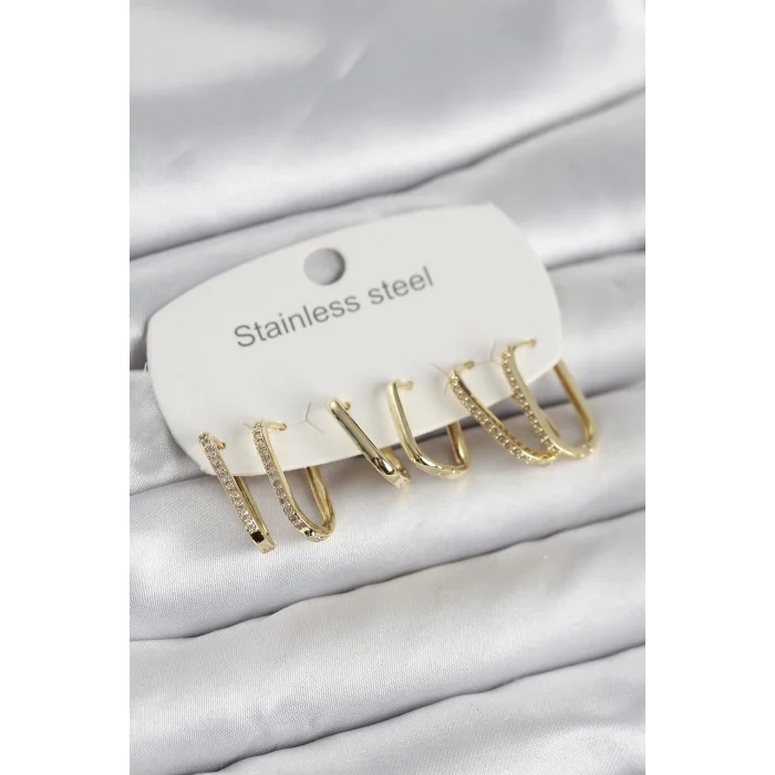 BUĞZ 316L Çelik Gold Renk 6lı Set Geometrik Model Kadın Küpe