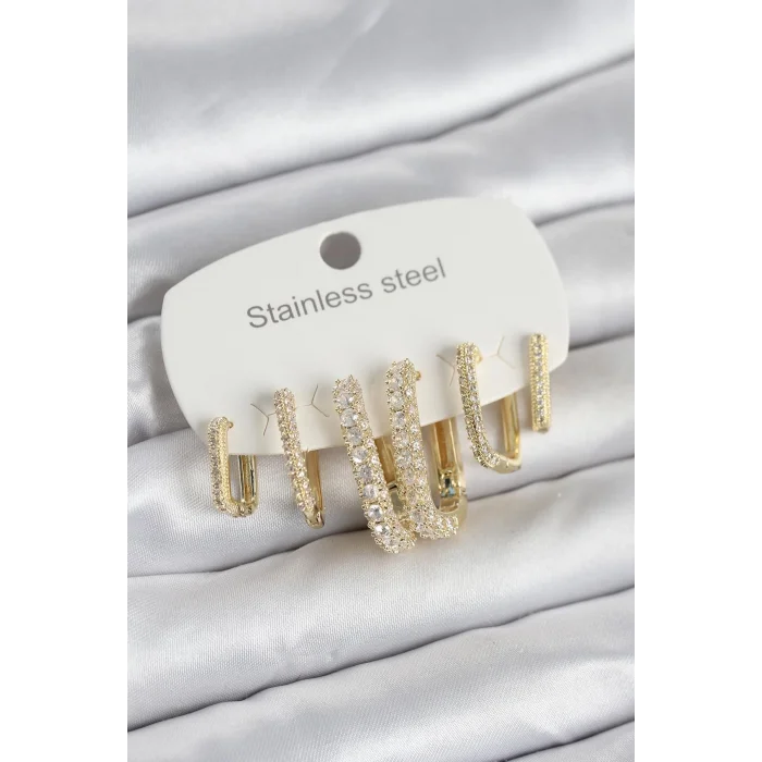 BUĞZ 316L Çelik Gold Renk 6lı Set Zirkon Taşlı Kadın Küpe