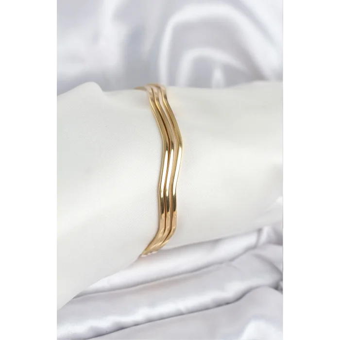 BUĞZ 316L Çelik Gold Renk 65 mm Ajda Zikzak Model 3lü Kadın Bileklik
