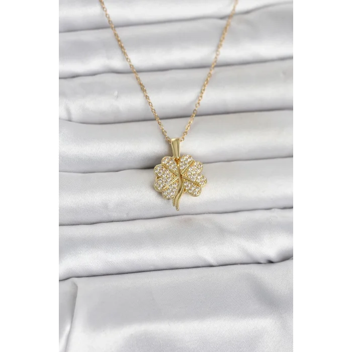 BUĞZ 316L Çelik Gold Renk Açılabilir Yonca Model Zirkon Taşlı Kadın Kolye