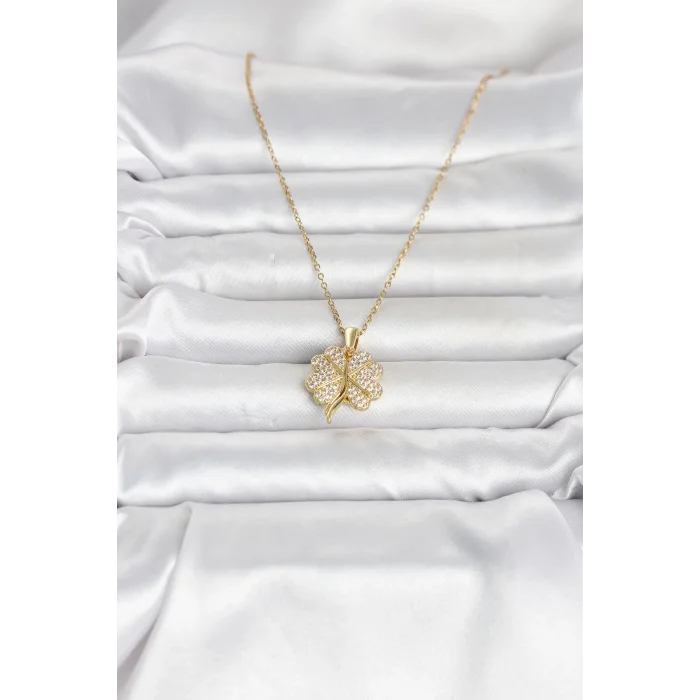 BUĞZ 316L Çelik Gold Renk Açılabilir Yonca Model Zirkon Taşlı Kadın Kolye